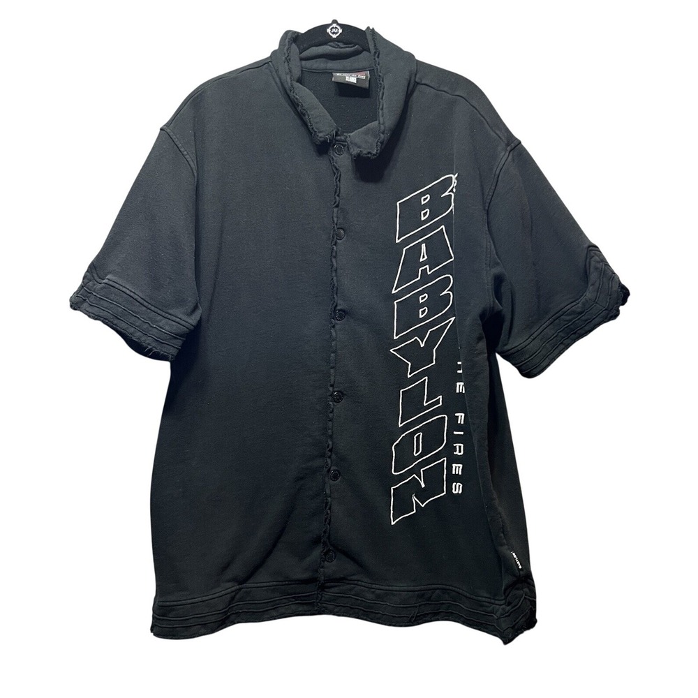Babylon LA XL Black Short Sleeve Button Up Shirt Raw‎ Edge Distressed Graphic